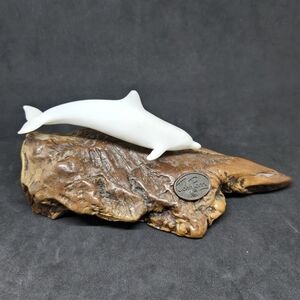 John Perry Studios White Dolphin Sculpture Figuirine on Hand Carved Wood